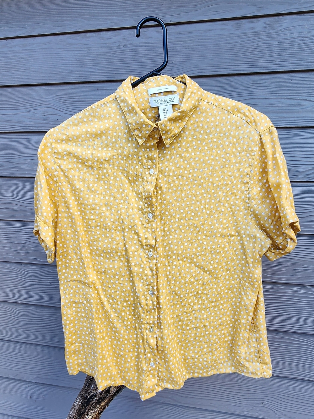 Rachel Zoe Mustard Yellow Polka Dot Short-Sleeve Button-Up 100% Linen Shirt
